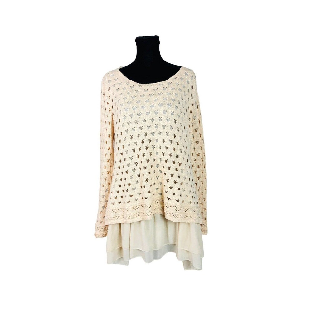 Women's Beige Blouse Chiffon Knit Layered Long Sleeve Medium Top Pullover